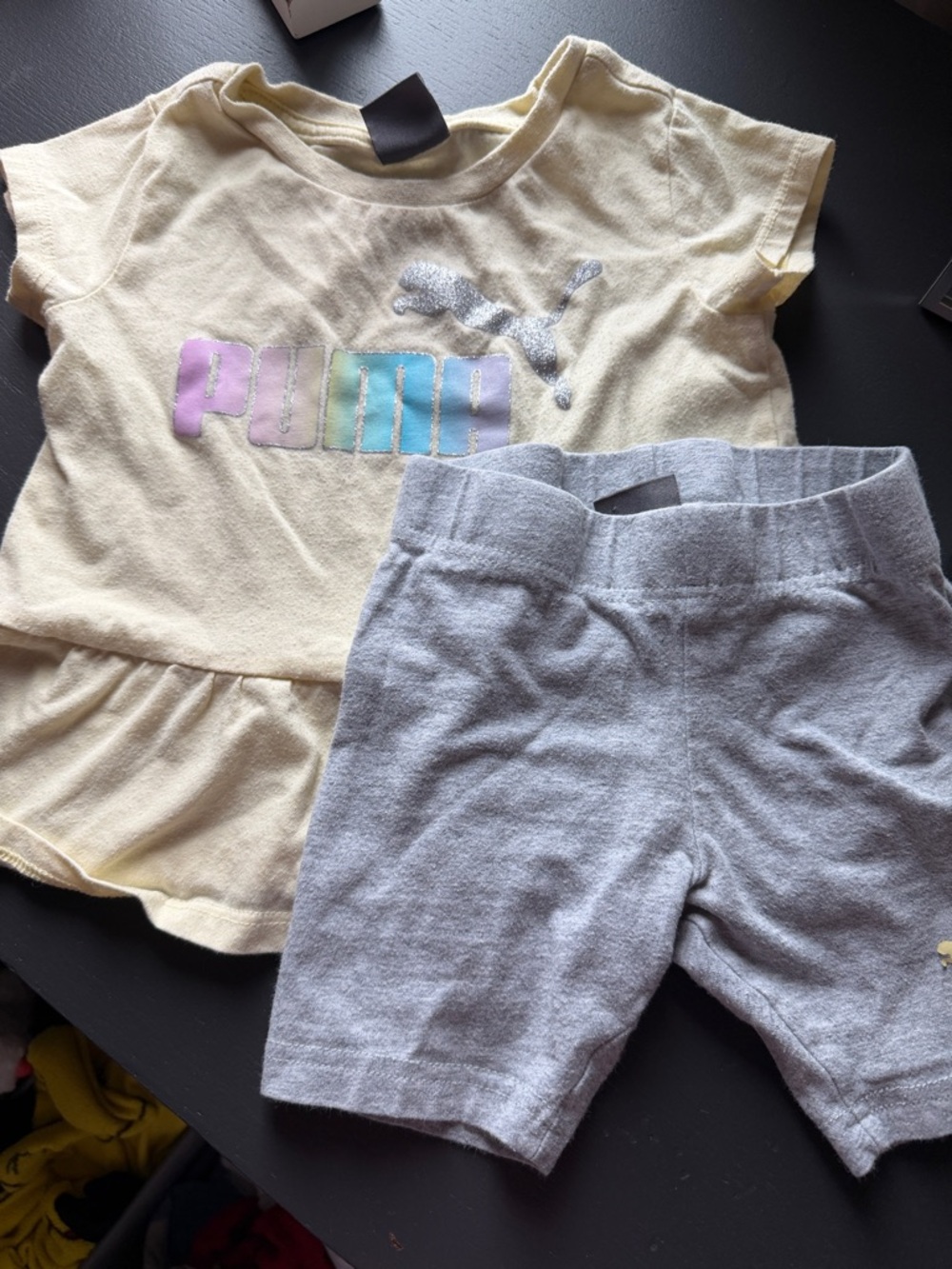 Puma Pastel Logo Yellow Ruffle Tee and Gray Knit Shorts Set